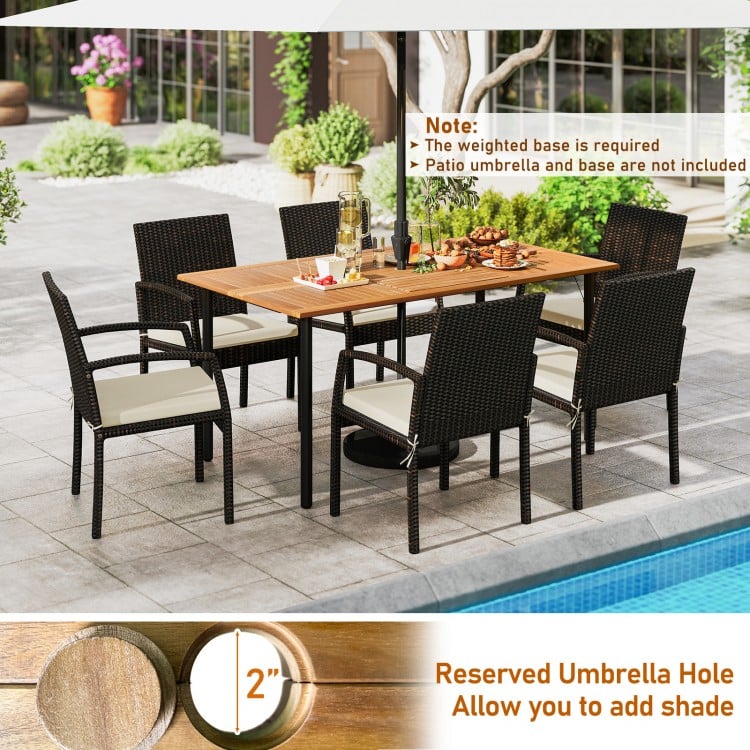 7 Pieces Outdoor Dining Set Acacia Wood Table with Umbrella Hole and Cushions-White
