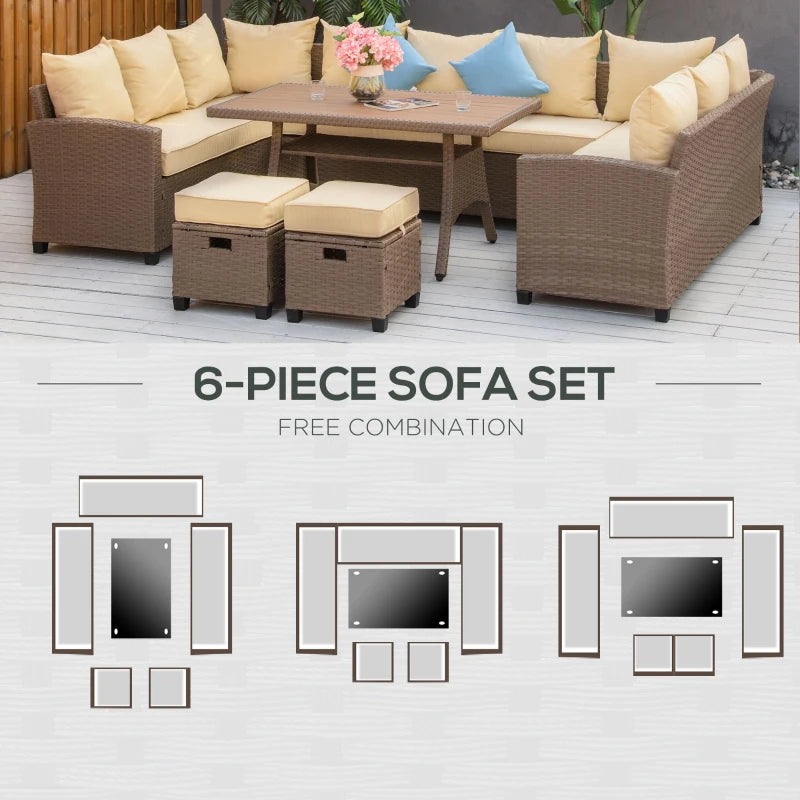 Outsunny 6 Pieces Patio Furniture Set, Outdoor Dinning Table Set, Wicker Sofa Set, All Weather PE Rattan Conversation Furniture, with Strip Wood Grain Plastic Coffee Table & Cushions, Khaki