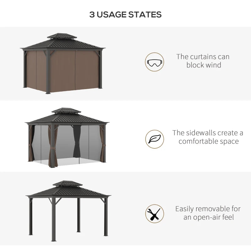 Outsunny 10' x 12' Outdoor Hardtop Gazebo with Galvanized Steel Canopy & Netting Sidewalls for Lawn, Backyard, Brown