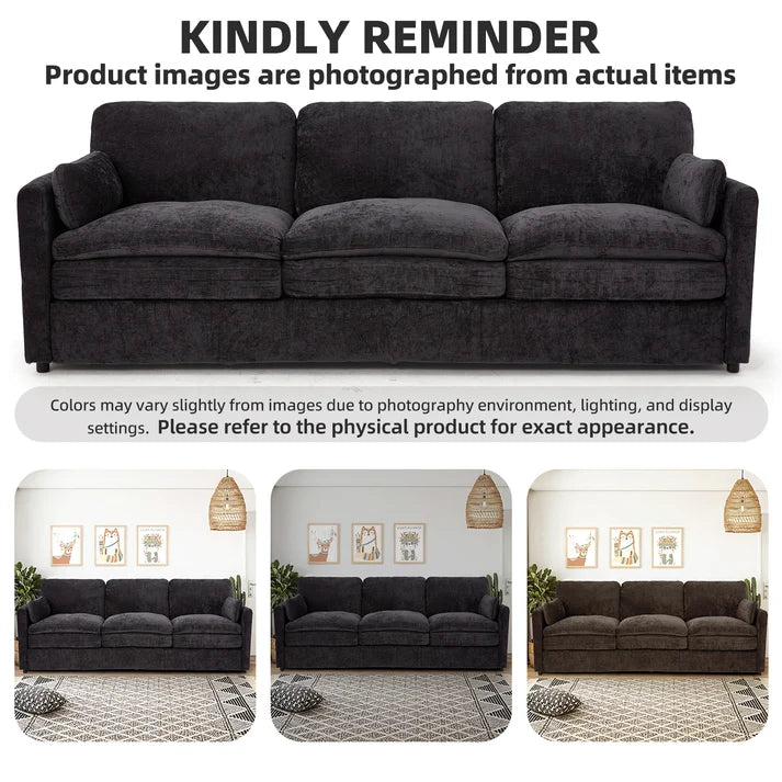 89-Inch Chenille Sofa – Modern 3-Seater Couch with 2 Removable Pillows, Black