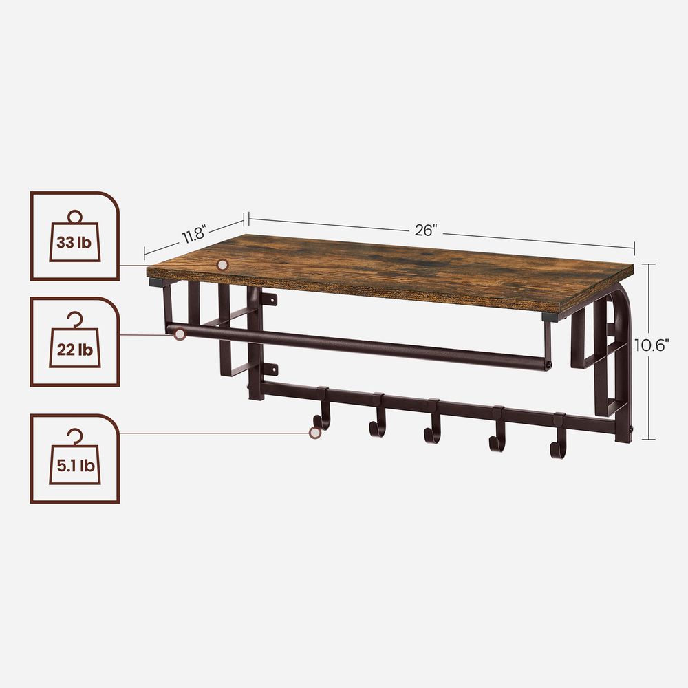 VASAGLE Wall-Mounted Coat Rack with Hanging Rod and Storage Shelf 