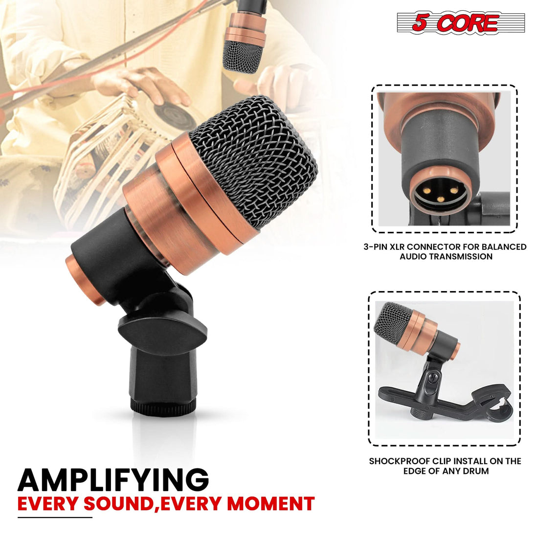 5 Core Tabla Mic XLR Wired Uni Directional Snare Tom Instrument Microphone COPPER