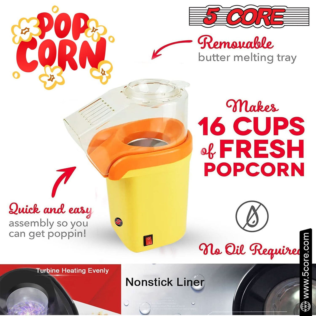 5Core Popcorn Machine 16 Cup Hot Air Popper Mini Portable Electric Pop Corn Maker YELLOW