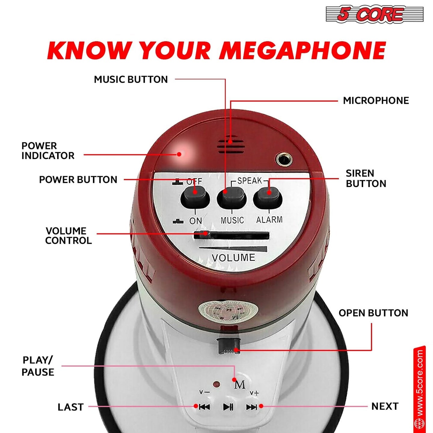 5Core Megaphone Bullhorn Speaker 50W Bull Horn Rechargeable Cheer Megafono 1000 Yards BLUETOOTH