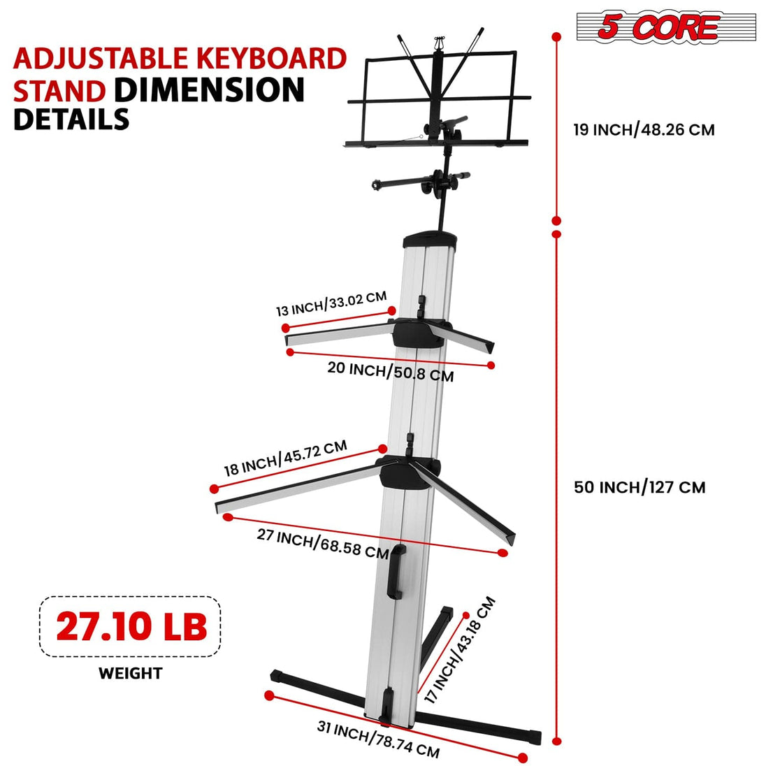 5Core Keyboard Stand 2 Tier Classic Adjustable Electric Piano Sturdy Holder SILVER