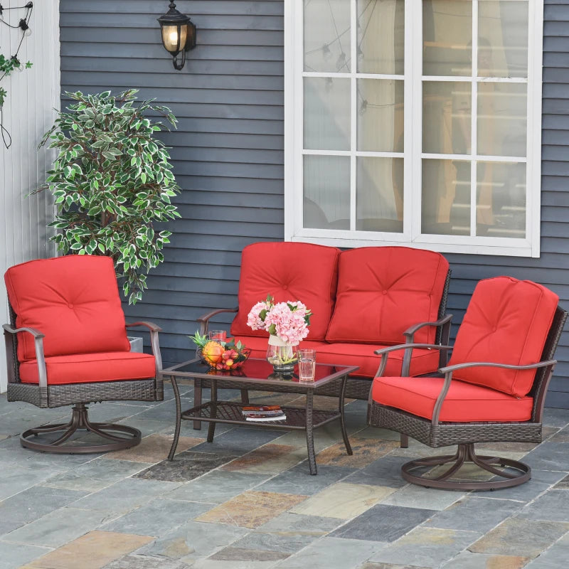 Outsunny 4 PCS Patio PE Rattan Wicker Sofa Set Outdoor Conversation Furniture w/ Two Tier Tea Table & Cushions, Red 