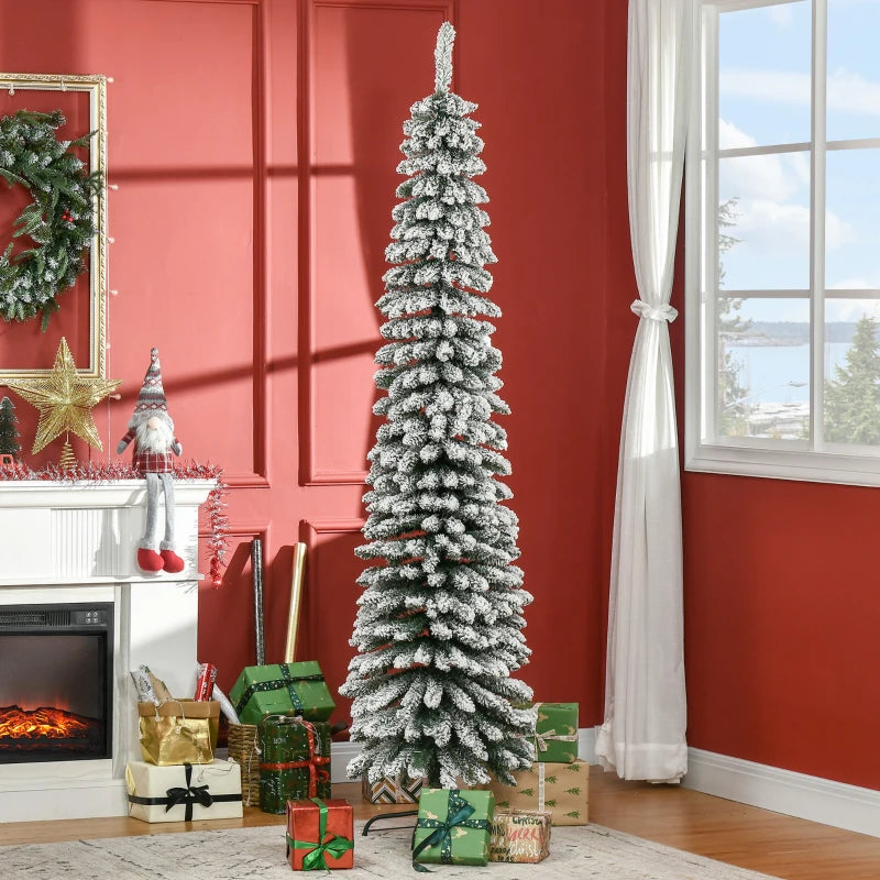 HOMCOM 7ft Snow-Flocked Artificial Christmas Tree – Slim Pencil Design, 490 Realistic Branches, Metal Base, Green 
