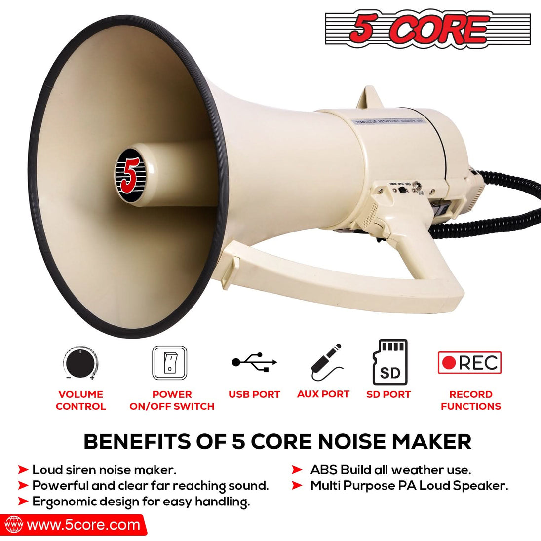 5Core Megaphone Bullhorn Speaker 100W Professional Bull Horn Battery Power Megafono 2000Yard Range