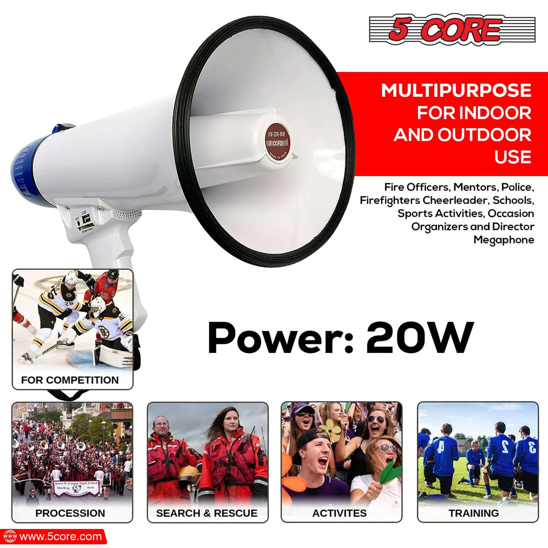 5Core Megaphone Bullhorn Speaker 20W Bull Horn Battery Power Cheer Megafono Loudspeaker USB