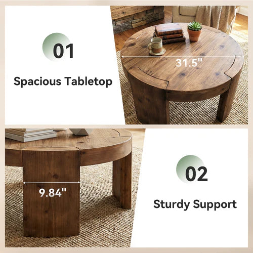 Coffee Table 31.5" Round Solid Wood Center Cocktail Tea Table Rustic Brown