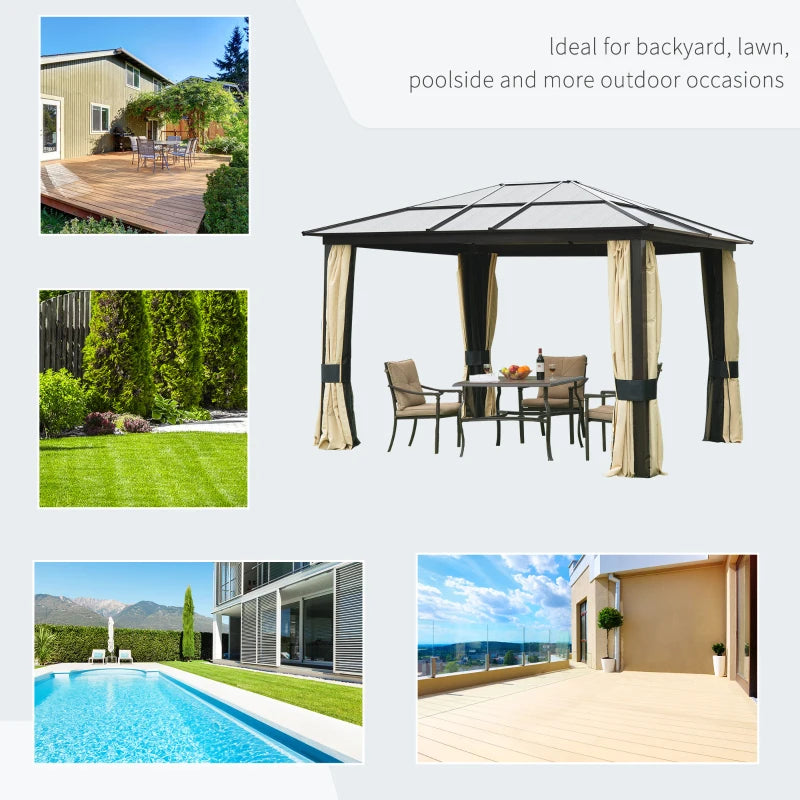 Outsunny 10' x 12' Hard Top Gazebo Canopy Sunshelter Waterproof Sun Shade with Sidewalls and Mosquito Netting