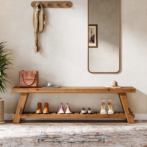 63" Solid Wood Shoe Bench 2-Tier Entryway Bench with Storage Shelf Heavy Duty Seating for Hallway Living Room Rustic Brown