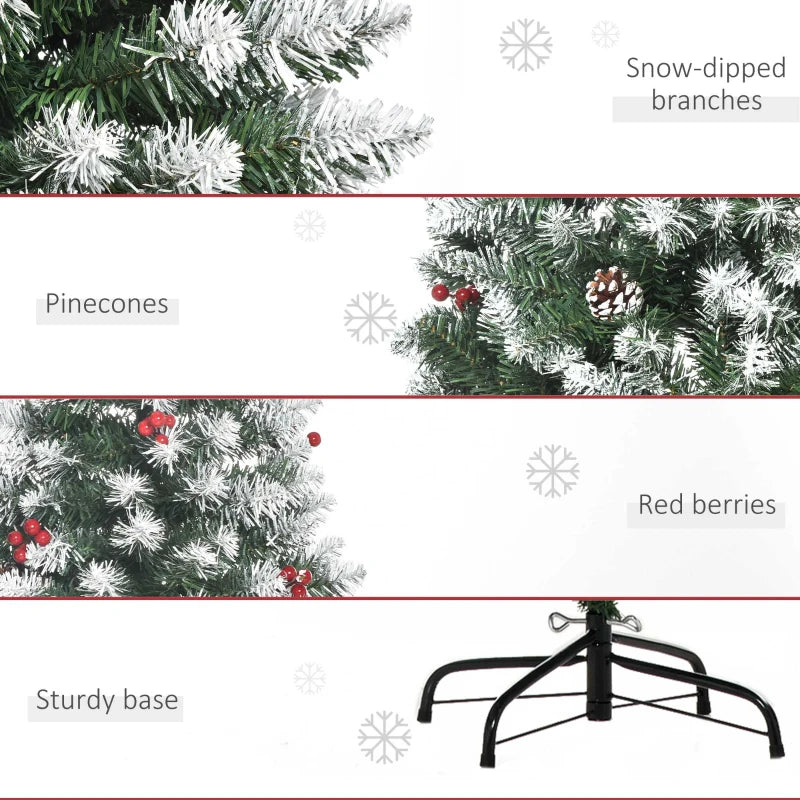 HOMCOM 6ft Decorated Flocked Artificial Christmas Tree – Red Berries, Pine Cones, Pencil Shape, Green 