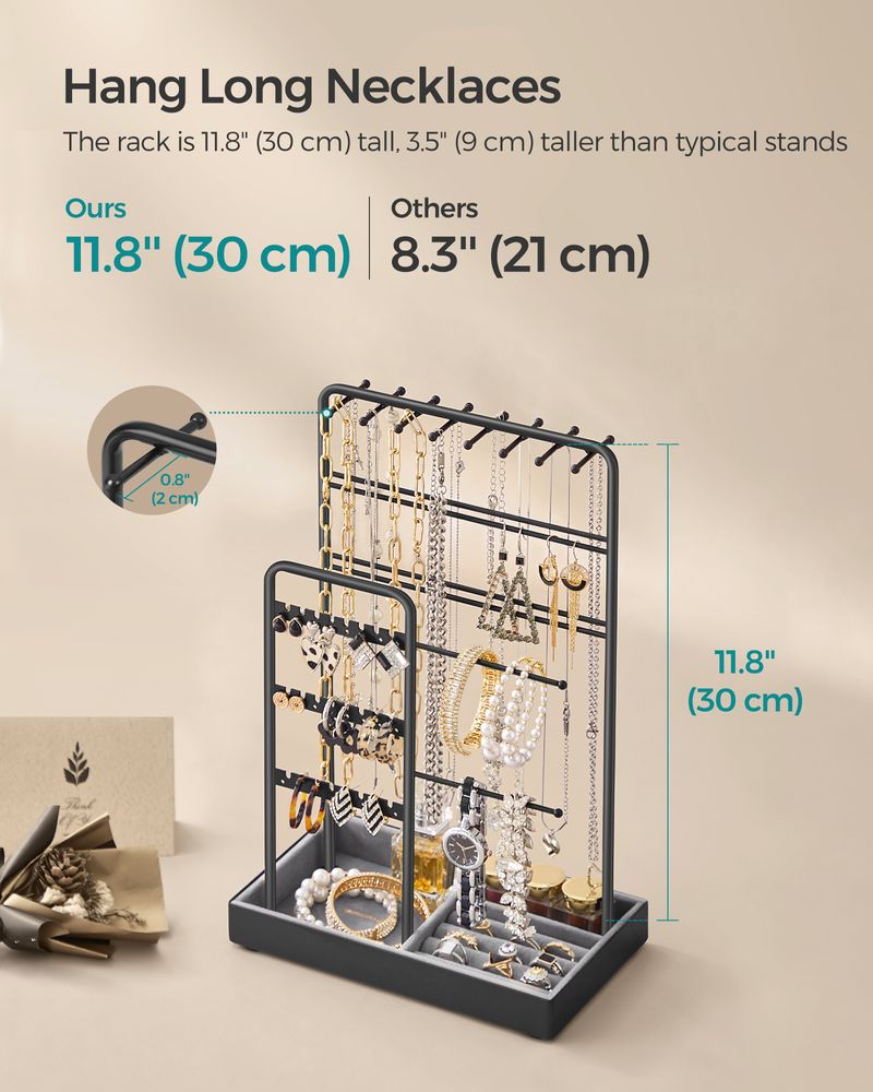 SONGMICS Jewelry Holder with Metal Frame and Velvet Tray 