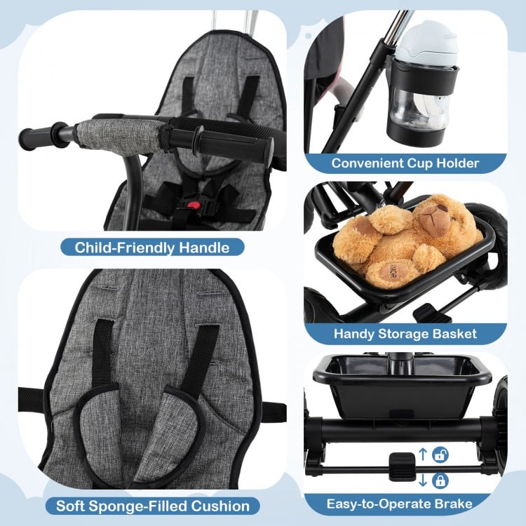 7-in-1 Baby Stroller Tricycle with Adjustable Canopy and Foldable Footrests for Ages 9-60 Months Old-Gray