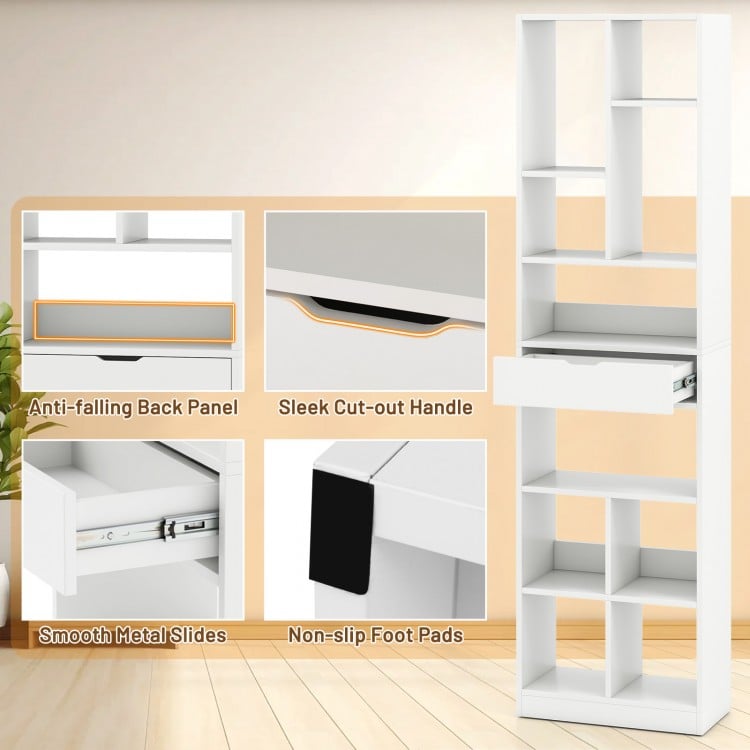 7-tier Bookshelf with Drawer 180cm Floor Standing Display Rack Storage Shelf-White