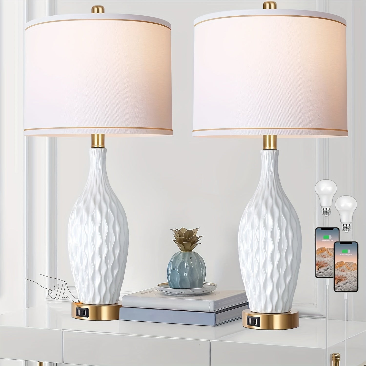 White Table Lamp Set of 2, 3-Way Dimmable Touch Control with USB Ports, 27inch, Linen Shade (LED Bulb Included) 