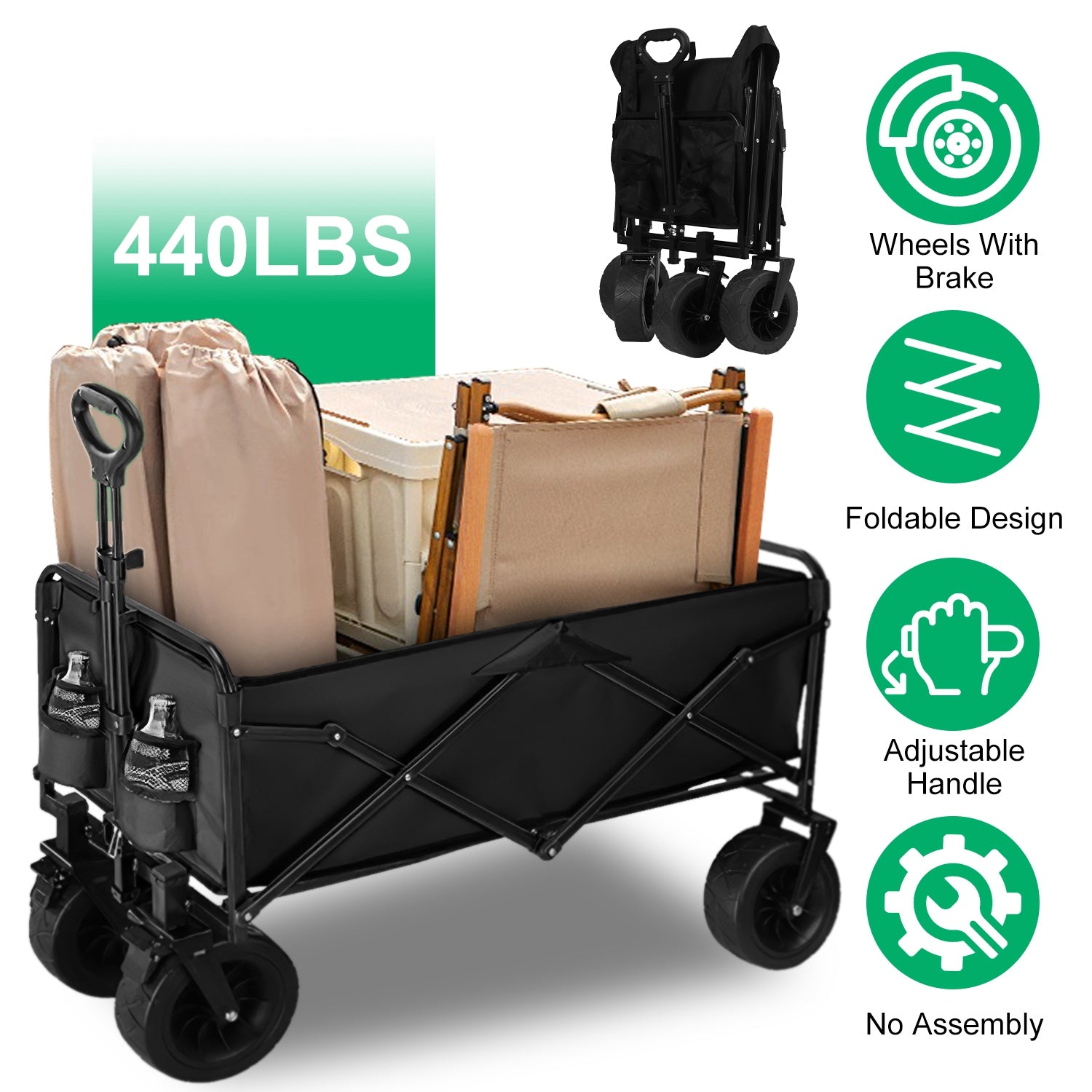 200L Collapsible Folding Wagon Cart With Drink Holders Adjustable Handle 440LBS Load Capacity Foldable Utility Outdoor Wagon With All-Terrain Wheels a 