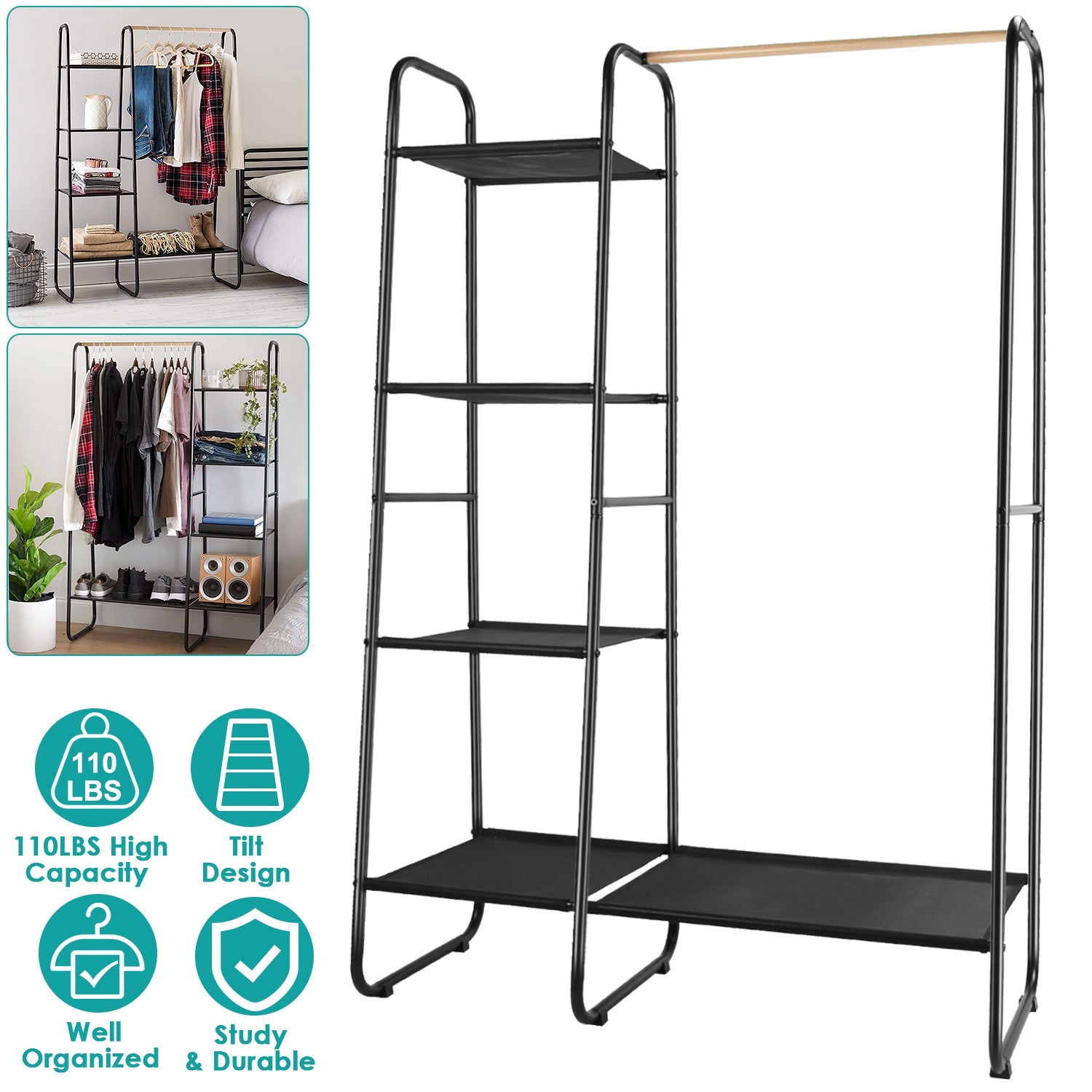 Metal Garment Hanging Rack Shoe Clothing Organizer Shelves Freestanding Clothing Hanging Rail Clothes Wardrobe Shoe Display Organizer with 1 Hanging R 