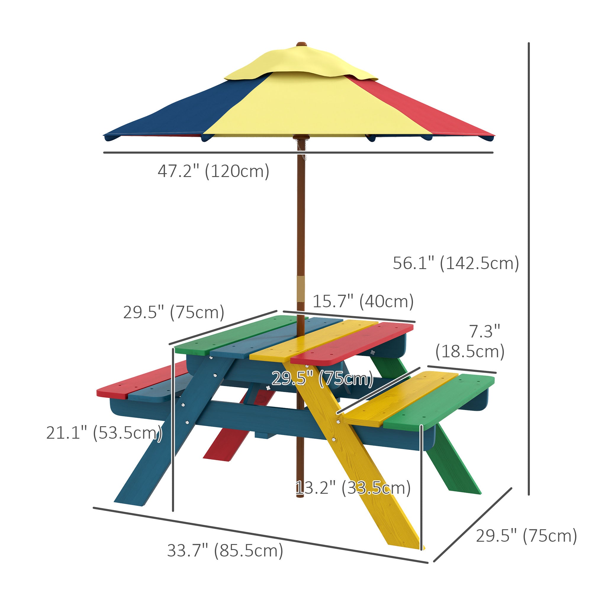 Outsunny Kids Wooden Picnic Table Bench Set with Removable Umbrella, Ideal for Backyard, Garden, Ages 3-6 