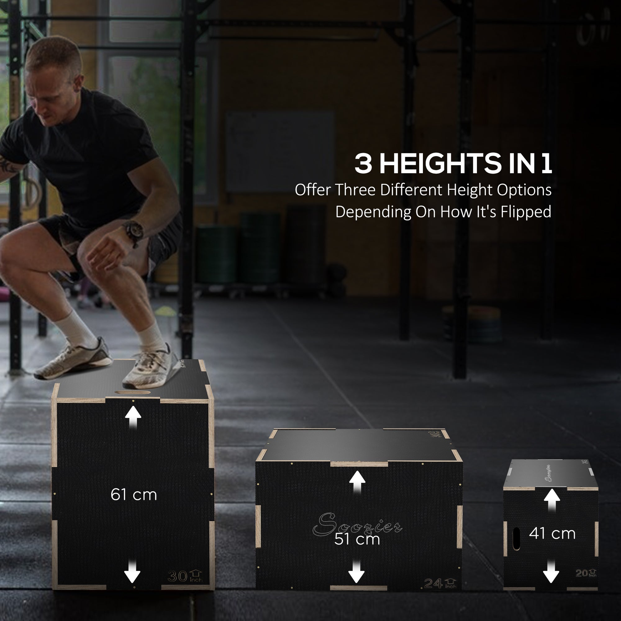 Soozier 24/20/16 In Wooden Plyometric Jump Box with Handle Openings for Home Gym Workout Training 
