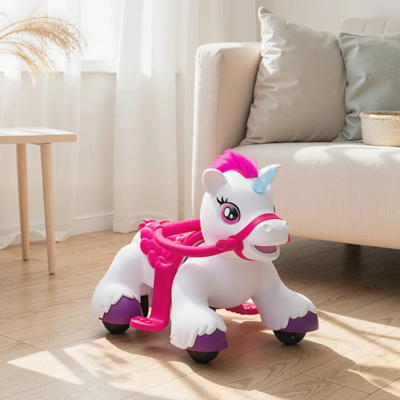 Qaba 12V Unicorn Ride on Toy, Battery Powered Kids Electric Ride on Horse with Carrot Toy, Comb, Animal Sounds, for Age 18-36 months
