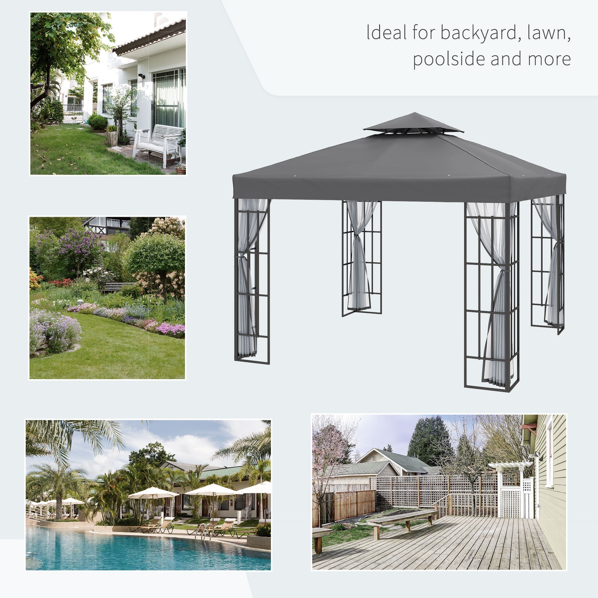 Outsunny 10'x10' Garden Gazebo Patio Canopy Portable Party Event Backyard w/ Mosquito Netting Grey 
