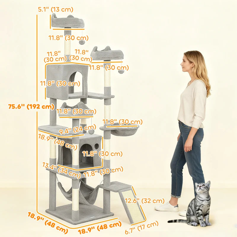 76" Large Cat Tree for Indoor Cats with 8 Scratching Posts, 3 Plush Beds, 2 Hammocks, 2 Large Condos, Ramp, Light Grey