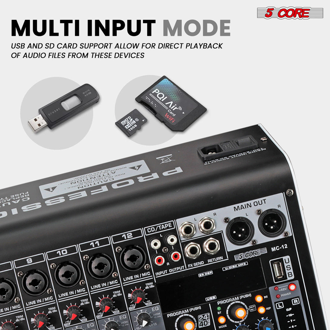 5 Core Audio Mixer 12 Channel DJ Equipment with Bluetooth USB Console Sound Board