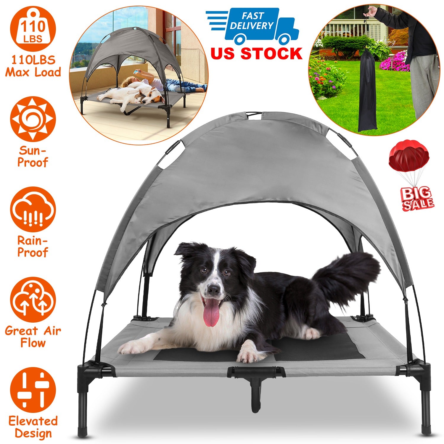 Outdoor Elevated Dog Bed Cooling Raised Pet Cot Canopy Shade Tent Pet Cooling Bed with Removable Canopy for Outside Yard Camping Beach