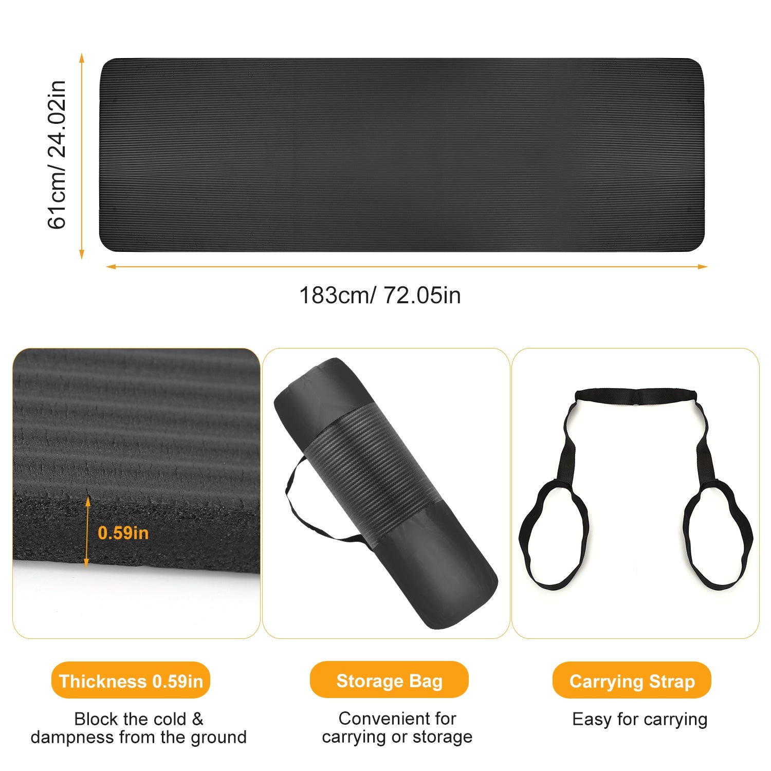 0.6-inch Thick Yoga Mat Anti-Tear High Density NBR Exercise Mat Anti-Slip Fitness Mat for Pilates Workout Cushion w/Carrying Strap Storage Bag