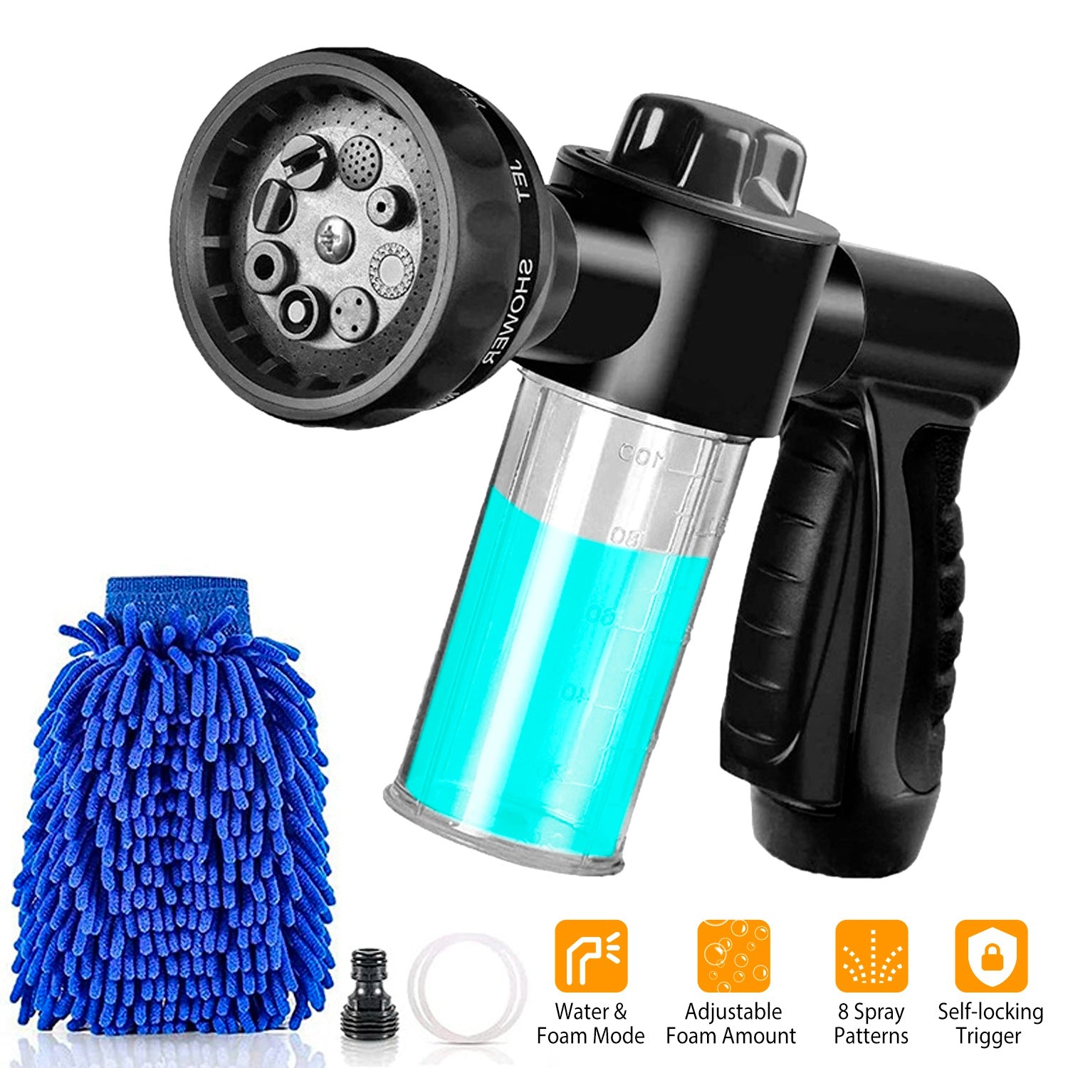 8 In 1 Foam Garden Hose Nozzle Soap Sprayer High Pressure Foam Cannon with Car Wash Mitt 3.5oz Soap Dispenser Bottle for Pet Shower Plant Watering