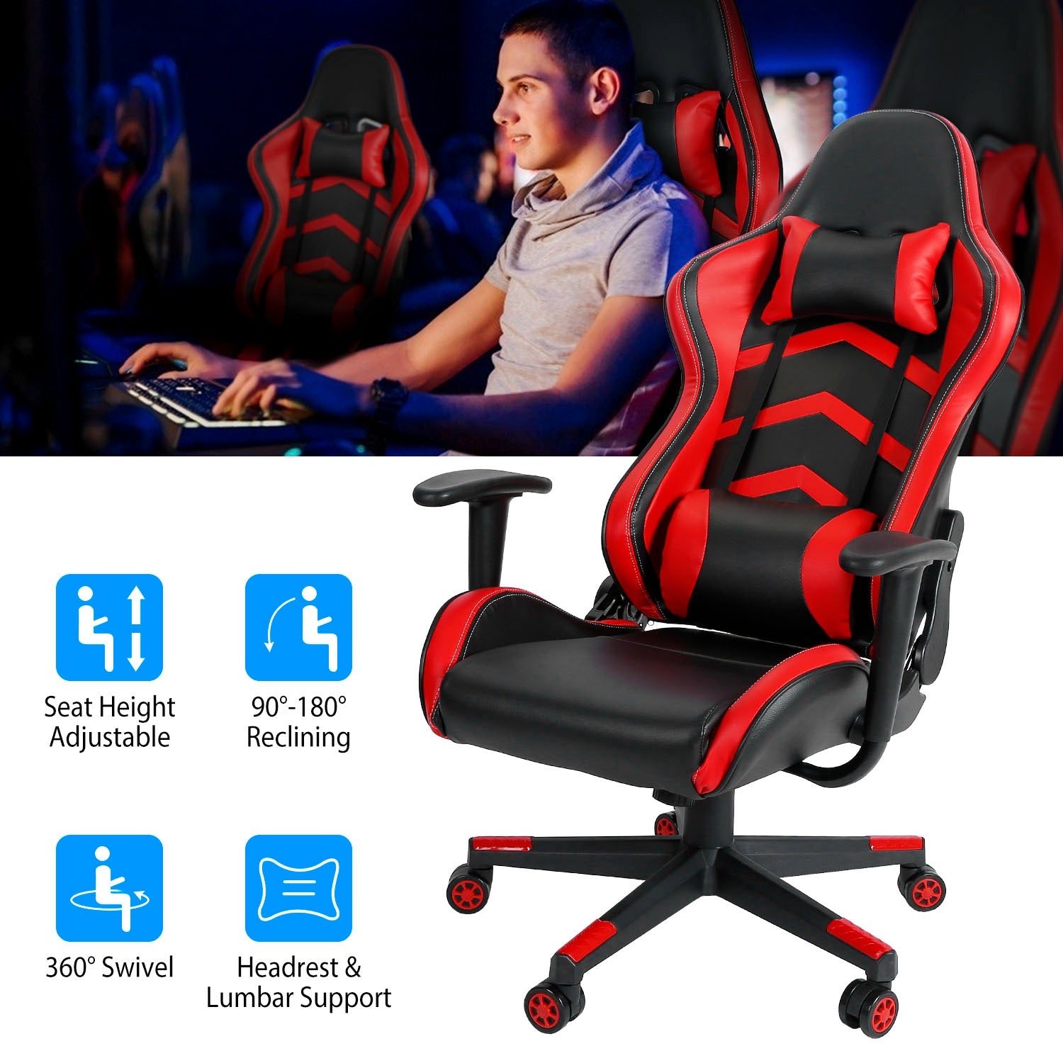 Gaming Racing Chair Ergonomic PC Computer Chair E-Sports Gamer Office Task Swivel Chair w/ Height Adjustment Headrest Lumbar Support 265lbs Load Capac