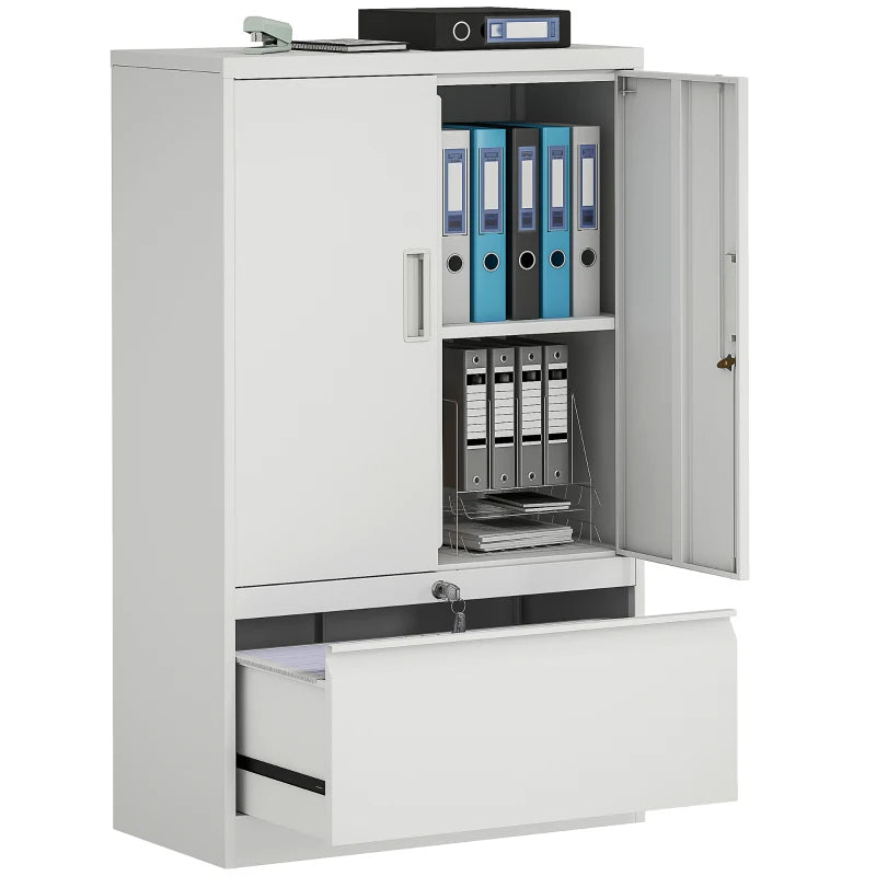 Lateral Filing Cabinet, Metal Storage Cabinet, Garage Cabinet with Double Locks, Adjustable Shelf and File Drawer, White