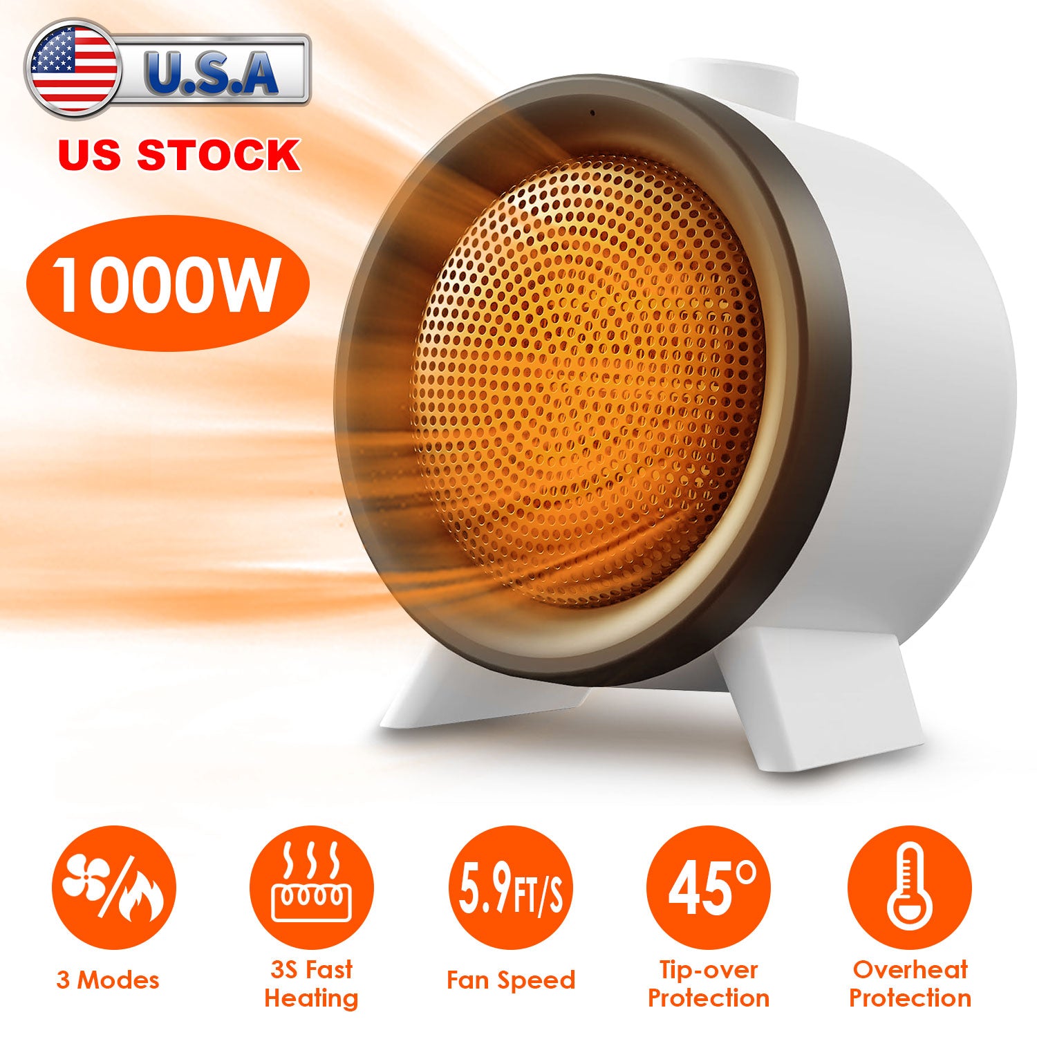 1000W Electric Space Heater Ceramic Heater Fan Heating Fan with 3 Modes 3S Fast Heating Tip-over Overheating Protection for Home Office Dormitry