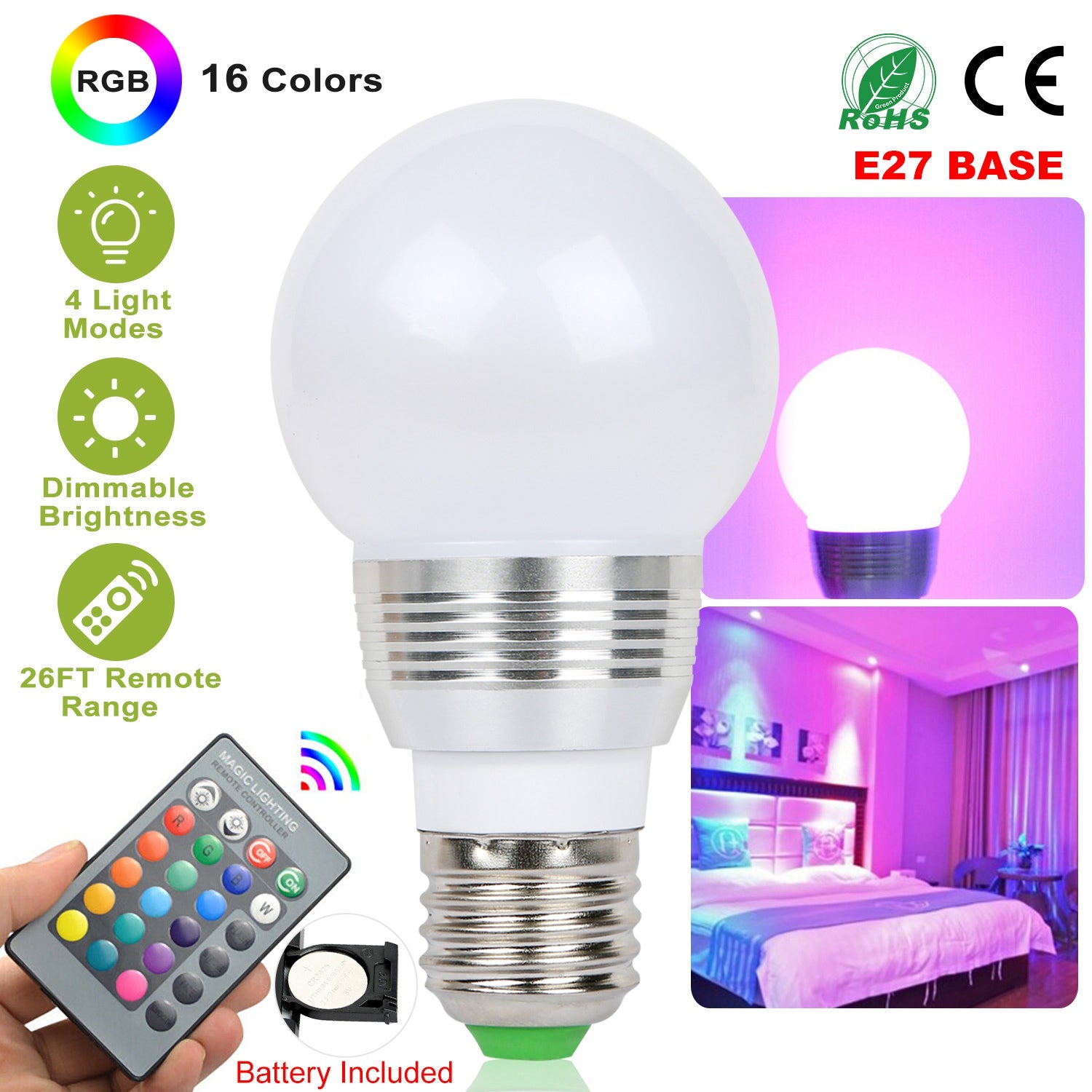 16 Colors Change LED Bulbs E27 3W RGB Dimmable Mood Lighting Lamp IR Remote Control