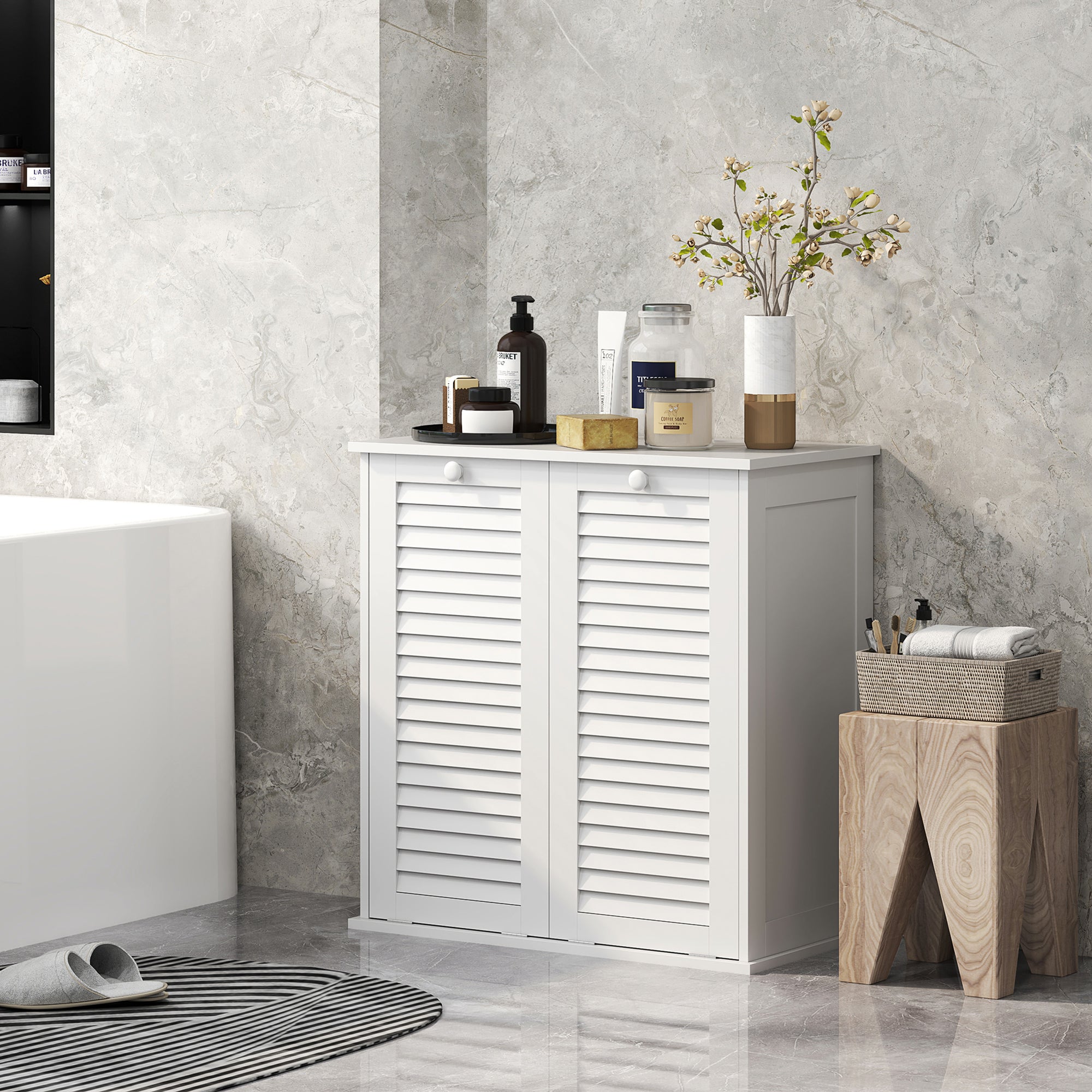 HOMCOM Tilt Out Laundry Cabinet, Laundry Basket Cabinet with 2 Baskets and 2 Louvered Doors, White 