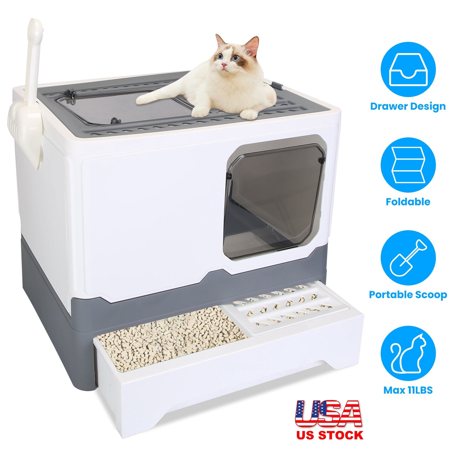 Foldable Cat Litter Box with Lid Enclosed Kitty Litter Box Anti Splashing Cat Toilet Tray with Litter Scoop 