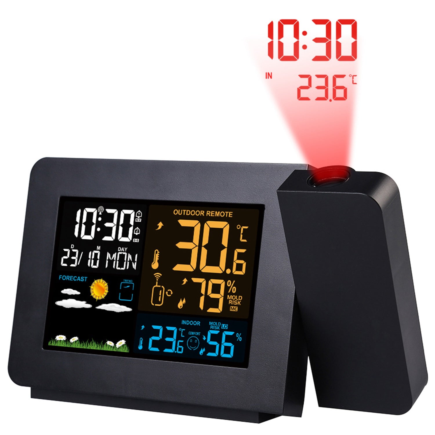 Atomic Projection Alarm Clock Radio Control Clock with WWVB Function Weather Station Dual Alarms Snooze Outdoor Wireless Temperature Humidity Sensor 