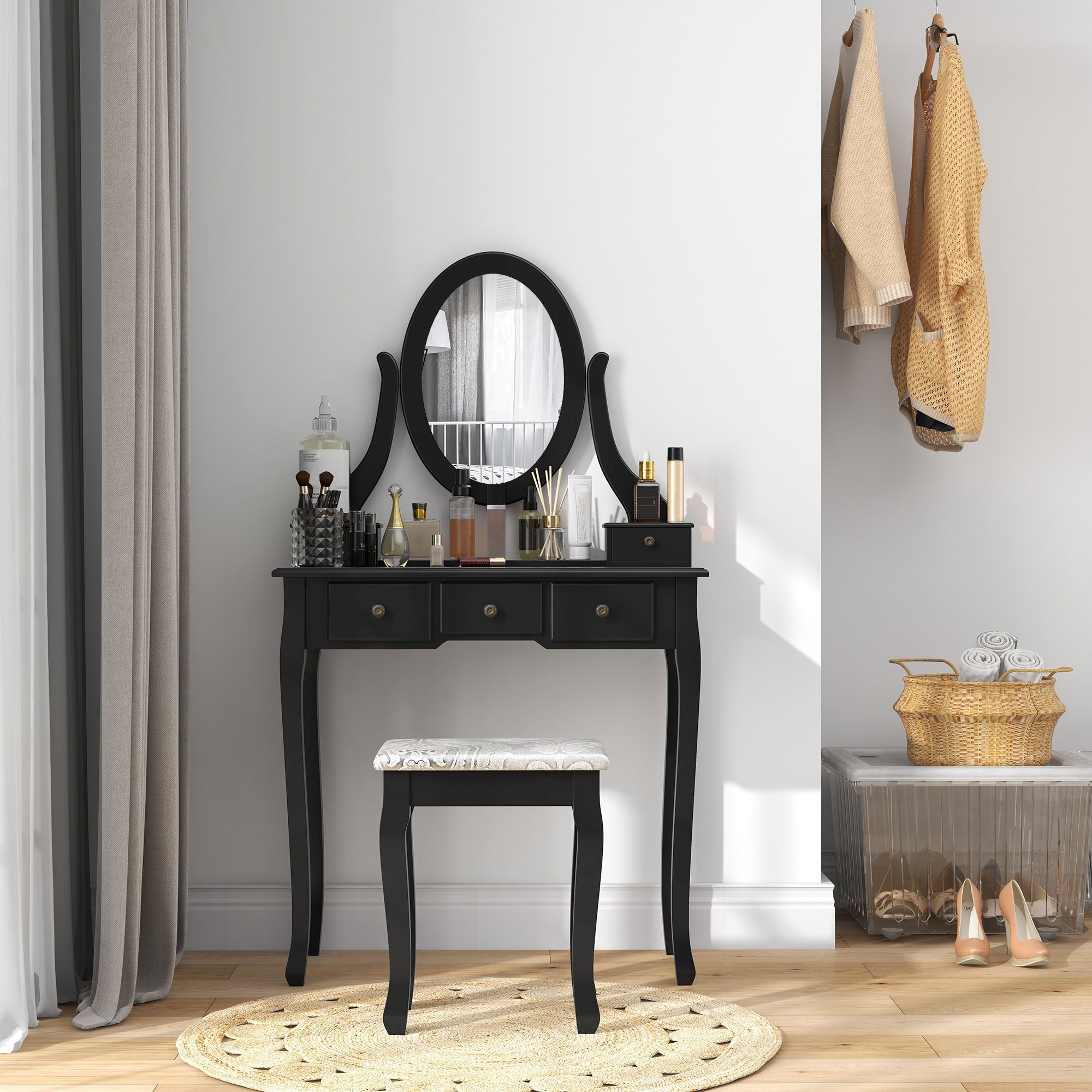 HOMCOM Vanity Dressing Table Set Contemporary Wooden Makeup Desk with Mirror Stool 5 Drawers Black 