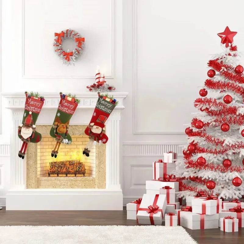 2024 New Year Xmas Big Stockings Set Decorations Christmas 3D Plush Big Sock Christmas Tree Pendant Decorating Supplies 