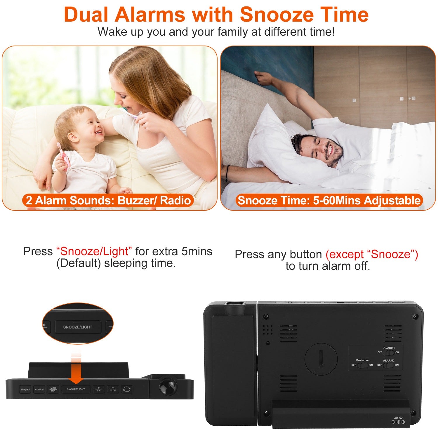 Atomic Projection Alarm Clock Radio Control Clock with WWVB Function Weather Station Dual Alarms Snooze Outdoor Wireless Temperature Humidity Sensor