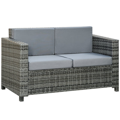 Outsunny Patio PE Rattan 2-seater Sofa, Outdoor All Weather Resin Wicker Loveseat with Padded Cushions, Grey 