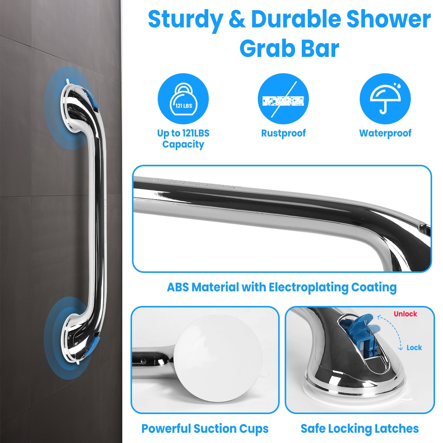 2Pcs Shower Grab Bars with Powerful Suction Cups 21.7in Long Waterproof Rustproof Bathroom Stool Bathtub Handicap Shower Grip Handle For Senior Elderl