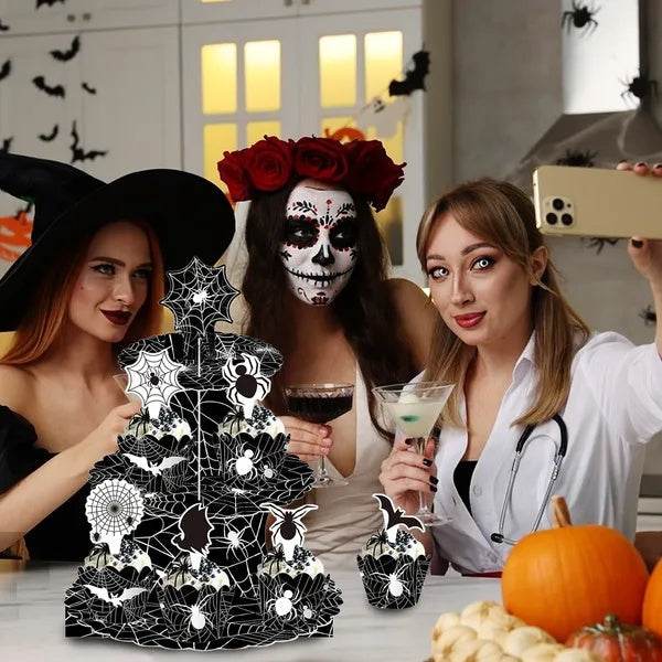 3 Tier Halloween Cupcake Stand Black Spider Web Cardboard Cupcake Stand Spider Bat Cupcake Toppers Halloween Cupcake Holder Tower For Halloween Birthday Party Supplies 