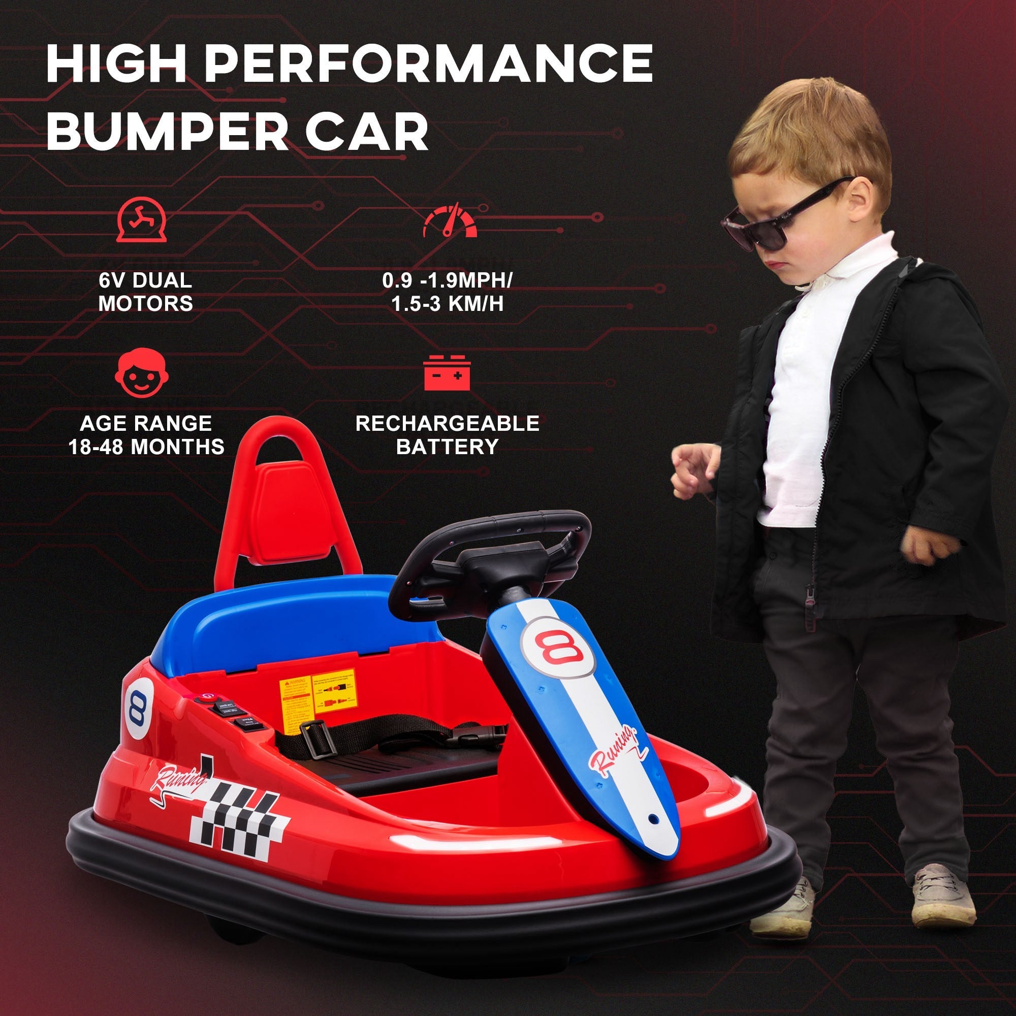 Aosom Kids Bumper Car: 6V Electric, 360° Spin, Twin Motors, Horn, Lights, Safety Belt, Red 