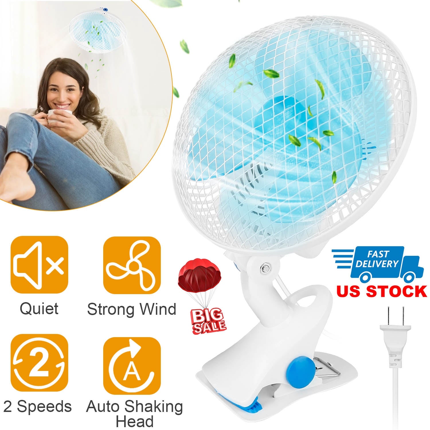 Clip On Fan 2 Speeds Quiet Clamp Fan Adjustable Tilt Auto Shaking Fan Wall Mount Personal Fan For Desk Office Home Baby Strollers Table Tops w/ 3.94FT