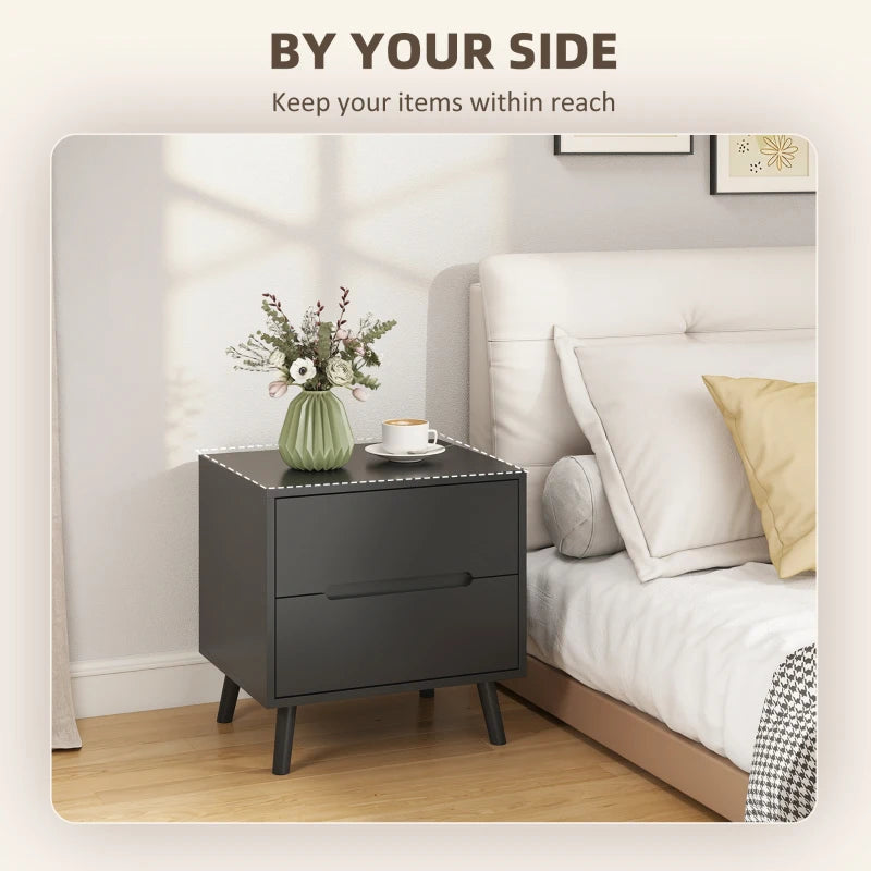 Nightstands Set of 2, Bedside Table with 2 Drawers, Modern Side End Table with Solid  Wood Legs for Bedroom, Black
