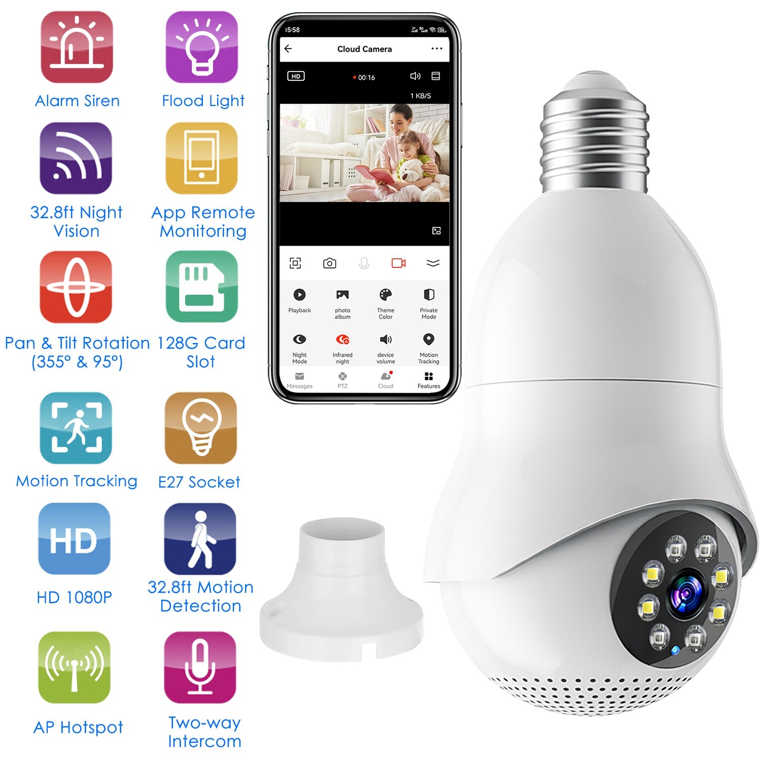 E27 WiFi Bulb Camera 1080P FHD WiFi IP Pan Tilt Security Surveillance Camera with Two-Way Audio Night Vision Flood Light Motion Tracking Siren Functio 