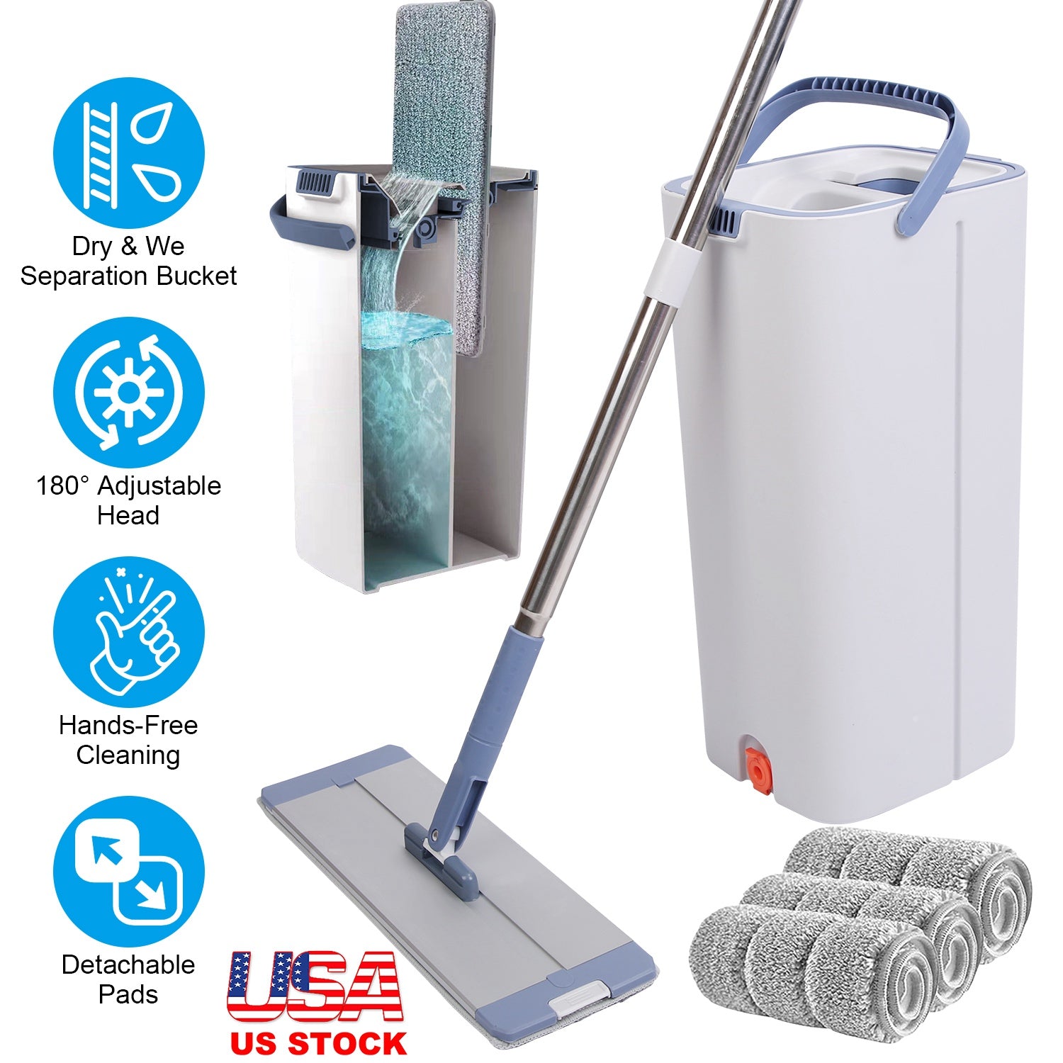 Mop Bucket with Wringer Set Flat Floor Mop Clean and Dry Separate Bucket 3 Replaceable Pads Hands Free Home Floor Cleaning Mop Reusable Washable Mop P